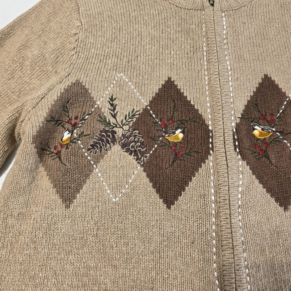 Croft & Barrow Cardigan Sweater Womens Petite Medium Beige Bird Holiday Argyle - Picture 2 of 8